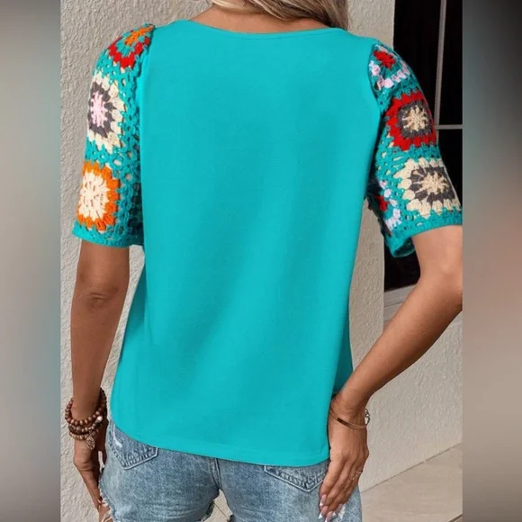 Turquoise Bohemian Top Crochet Open Weave Floral Sleeves, Stretch, Crew Neck - Picture 2 of 5